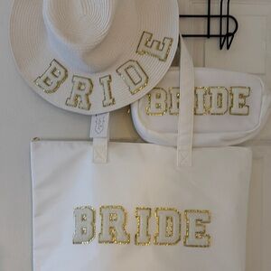 White and Gold Bride sunhat,Large Bride Travel tote and Makeup bag bundle